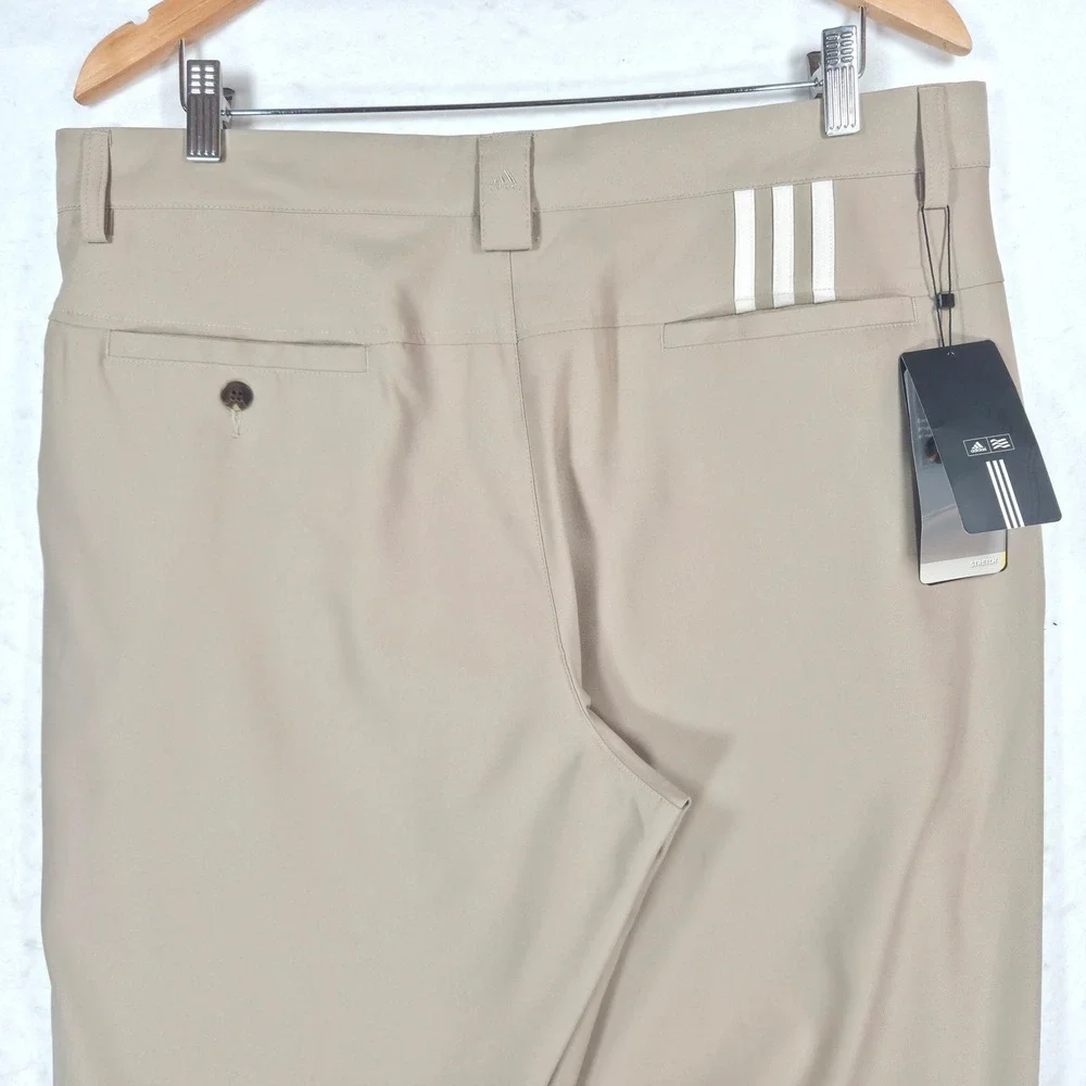 Adidas Mens Climalite Golf Pants Khaki Tan Beige Stretch 3-Stripe 36 x 38 NEW